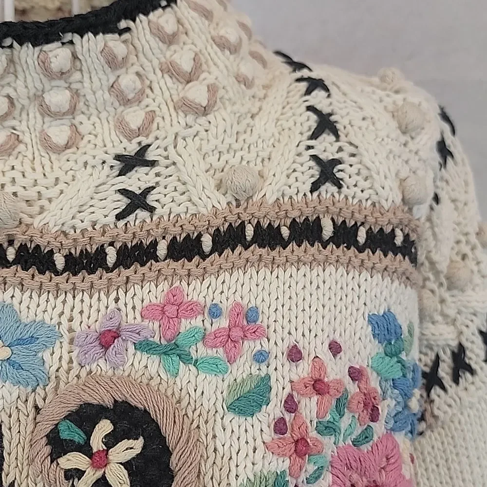 Beldoch Popper Vintage Floral Heart Heavy Knit Cream Sweater Womens Size M